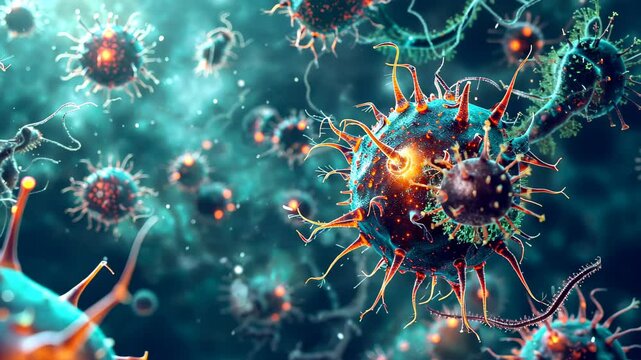 Abstract depiction of monstrous bacteria and viruses wreaking havoc inside the body. Ai Generated