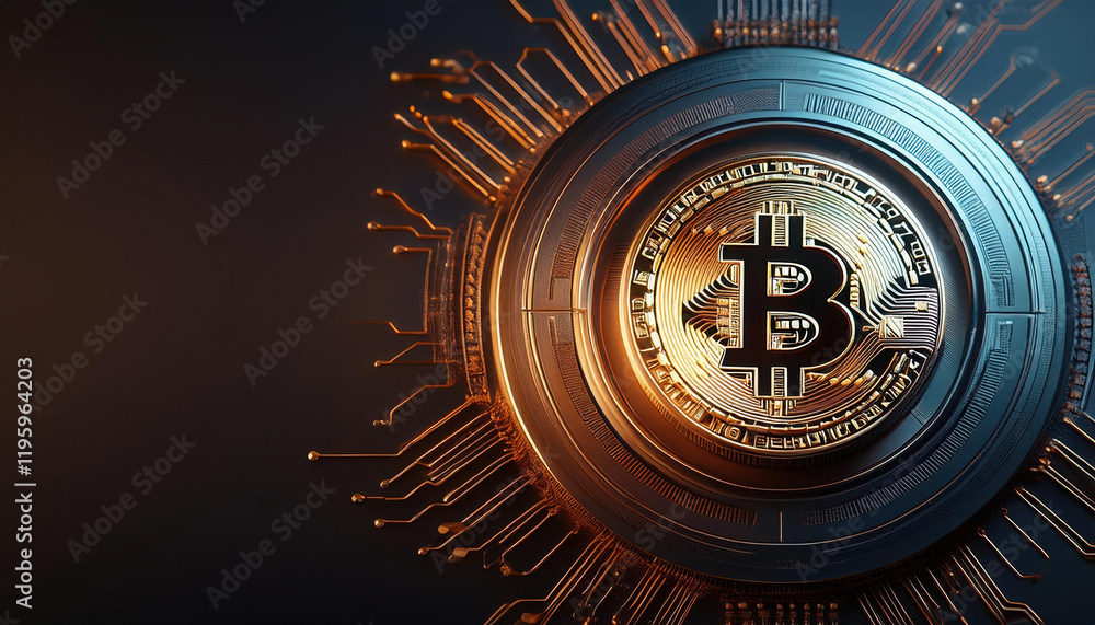 Poster close up view of digital token with intricate details on dark background, showcasing its technologic