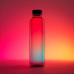 Transparent red water bottle, black cap, pink background, soft lighting, minimalist product photography, studio shot, glossy surface, vibrant colors, gradient effect