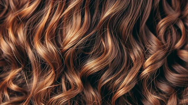 Close-up of wavy, auburn hair with highlights, showcasing the texture and color variations in the curls.