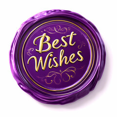 Purple wax seal with "Best Wishes" in gold text, accented by elegant gold swirls and details, isolated on a white background