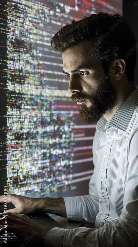 Poster focused individual analyzing data on a large screen in a modern office environment during the evenin