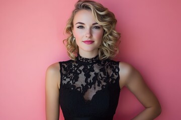 A confident and beautiful woman in a black lace dress is striking a pose with her hands on her hips