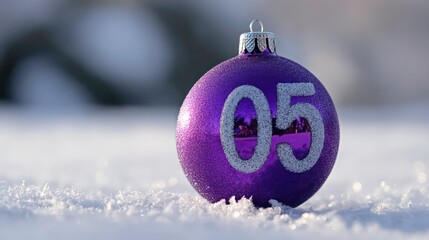 Purple Christmas bauble with number 05 on snow.