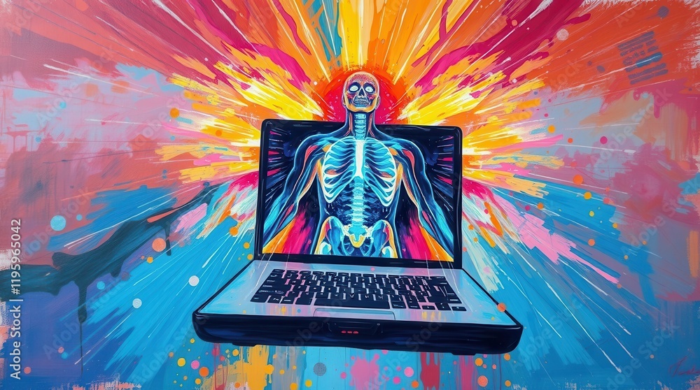 Poster abstract digital anatomy exploding from a laptop screen. vibrant colors and energetic brushstrokes c