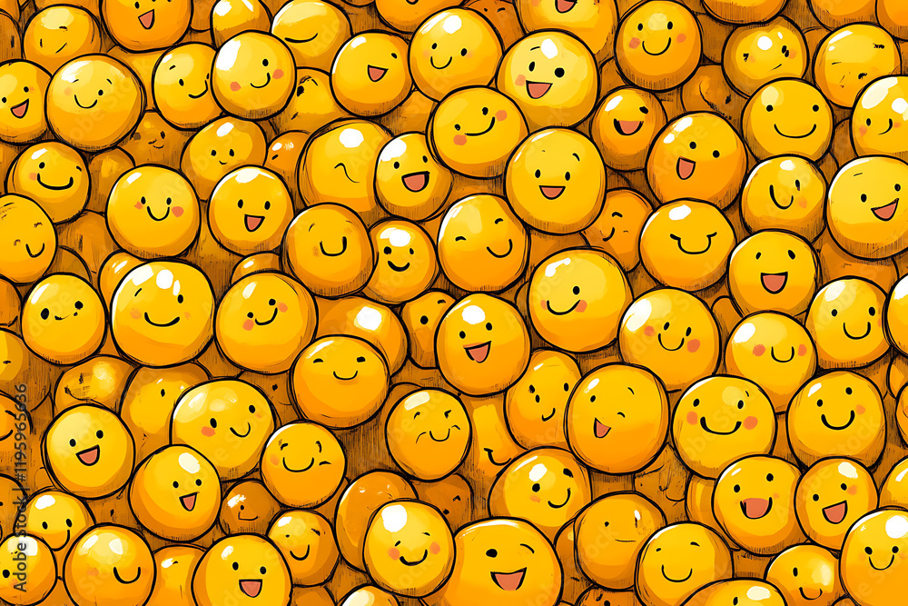 Poster a colorful pattern of smiling yellow emoji-like faces creating a cheerful atmosphere.