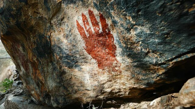 Ancient red handprint on a rock surface in a historic archaeological site during daylight