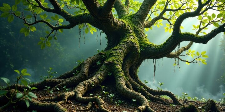 Ancient Tree Roots Embrace the Earth, Sunlight Filtering Through Lush Green Canopy
