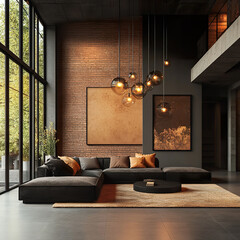 Modern loft living room with industrial design and large windows
