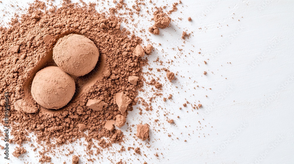 Poster cocoa powder elegantly swirled around a rich chocolate truffle on a pristine white background