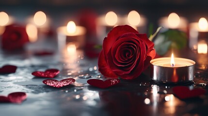 Soft and intimate Valentine backdrop, deep red tones, candles illuminating roses, heart motifs, and a dreamy evening glow