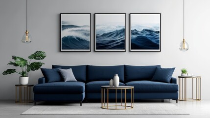 Stylish blue couch against a neutral gray wall, adorned with three dynamic artworks, paired with polished gold tables and abundant daylight streaming in