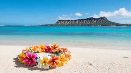 Lei flower necklace intricately designed with vibrant plumeria and hibiscus, resting on a pristine sandy beach, Diamond Head State Monument in the distance, tropical vibe