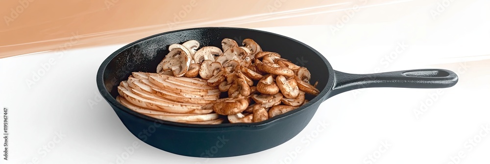 Poster sliced mushrooms arranged artfully in a cast iron pan on a simple white background for cooking