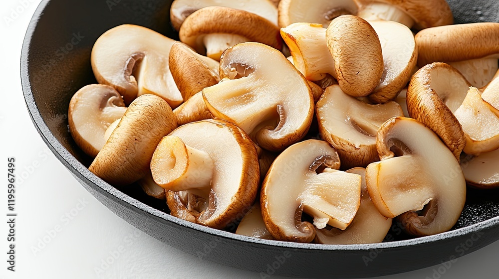 Poster sliced mushrooms arranged in a cast iron pan on a smooth white surface for a minimalist presentation