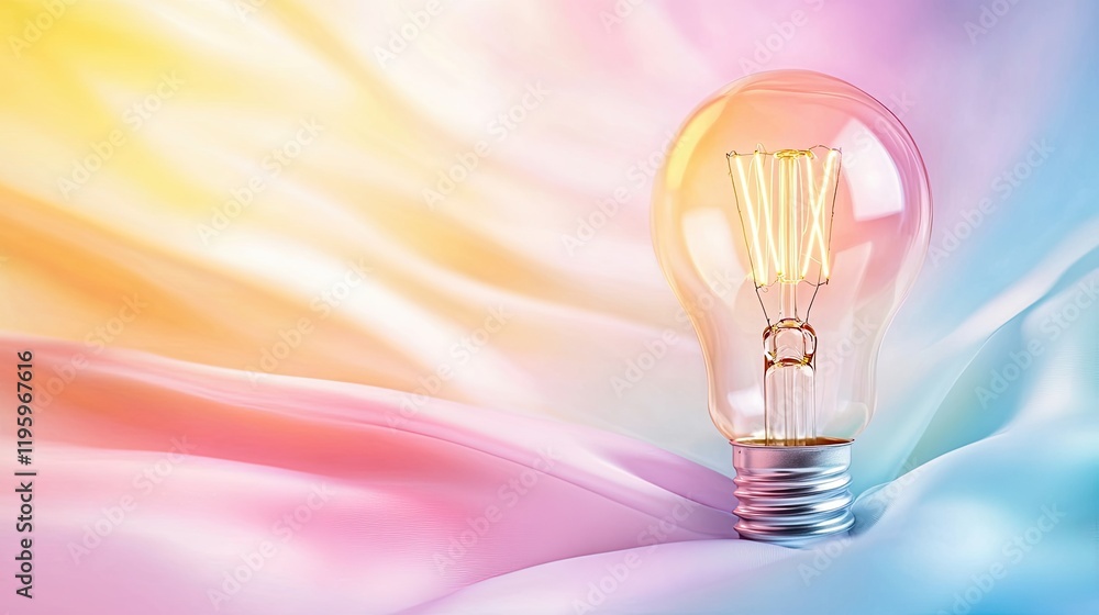 Poster glowing light bulb adorned with a ribbon radiates warmth and inspiration on a soft pastel background