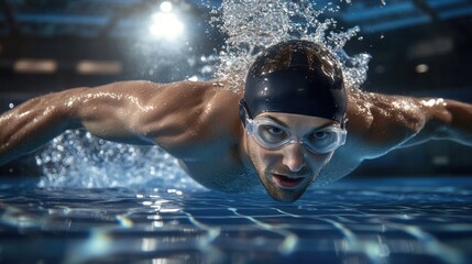 Male in a pool: swimmer close-up, aquatic skill, water splash, athletic effort, freestyle focus, rippling waves, diving motion, competitive edge, muscular form, swimming precision, fitness drive.