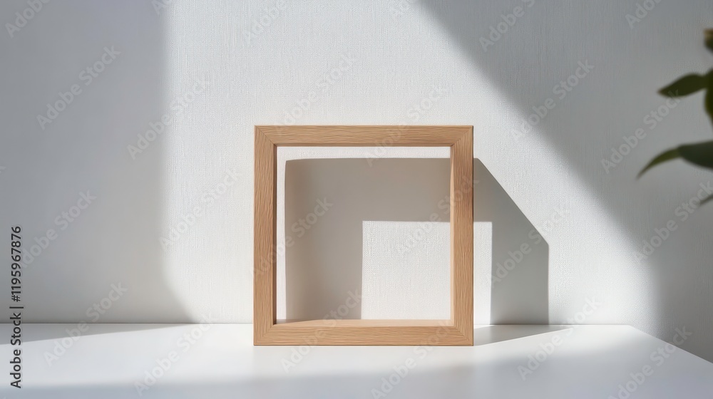 Poster empty light wood frame on white surface with sunlight shadow.