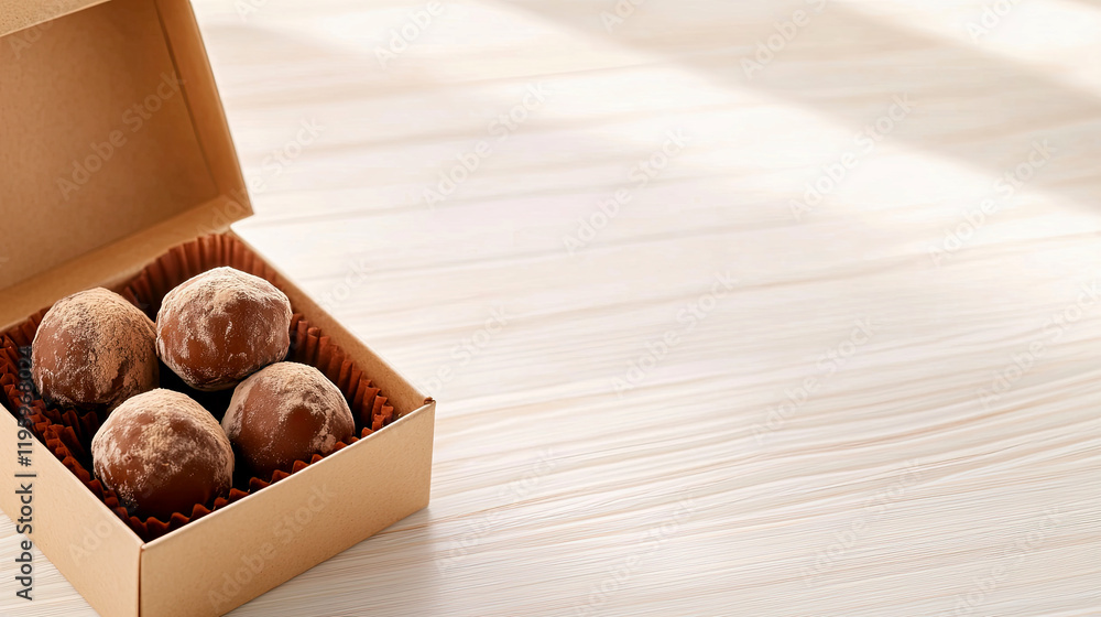 Poster minimalist presentation of a gourmet truffle in an elegant box on a light wooden table