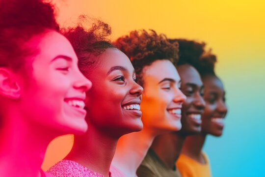 Vibrant group of young people smiling and looking forward with joy and optimism