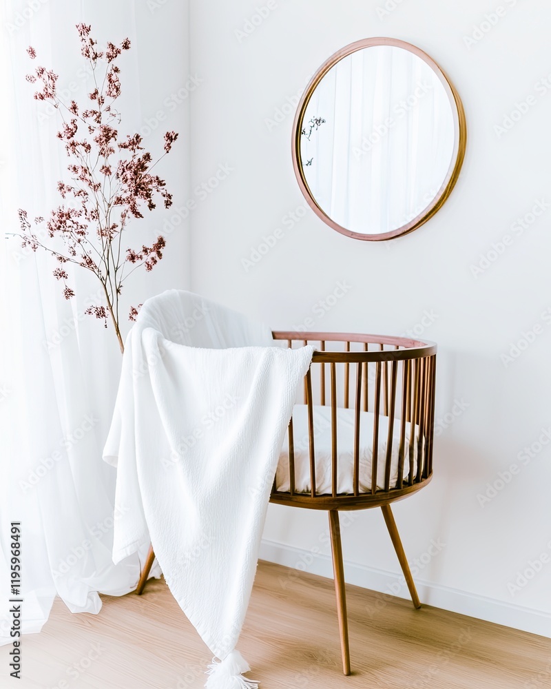 Poster minimalist wooden cradle with soft blanket in serene and cozy nursery environment