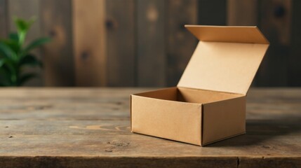 Empty cardboard box on rustic wooden surface, ready for product placement or gifting