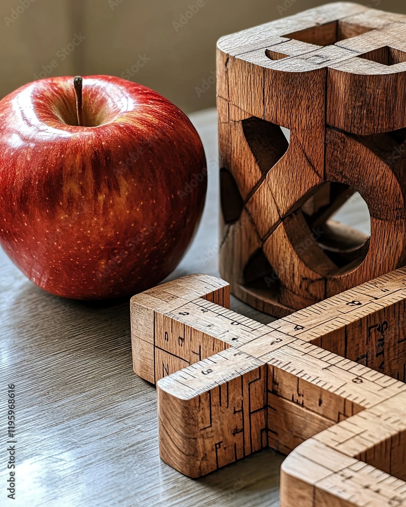 Poster Red Apple and Wooden Ruler Create a Minimalist Display on a Wooden Tabletop With Rich Textures