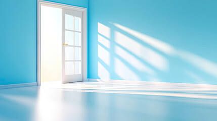 Obraz premium Light Pours Through an Open Door, Inviting New Beginnings in a Calm Blue Space