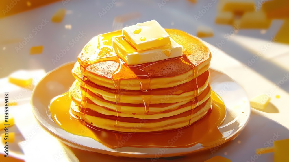 Poster delicious stack of pancakes drizzled with golden syrup and topped with melting butter.
