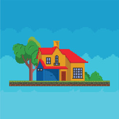 8-bits houses with tree gaming assets