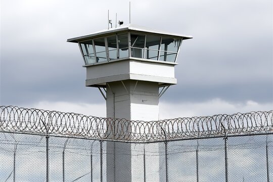 Tall prison watchtower with barbed wire fence against cloudy sky background