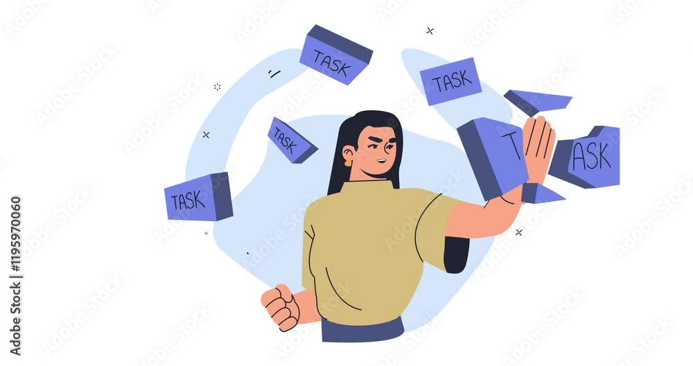 Poster workflow organization. moving banner with female office worker breaking bricks with tasks and projec