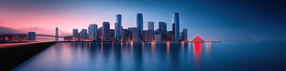 Fototapeta premium Stunning Miami Skyline at Dusk Reflecting on Water with Illuminated Red House, Vibrant Clouds, and Skyscrapers in Beautiful Urban Panoramic View