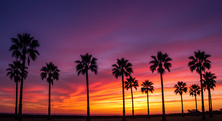 Obraz premium Vibrant Sunset Silhouette of Palm Trees on Tropical Beach