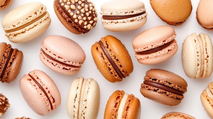 A flat-lay close-up of assorted macaroons arranged symmetrically on a bright white background, emphasizing their vivid tones and delicate shapes