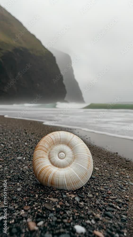 Poster beautiful spiral shell on a misty beach with ocean waves and cliffs in the background during overcas