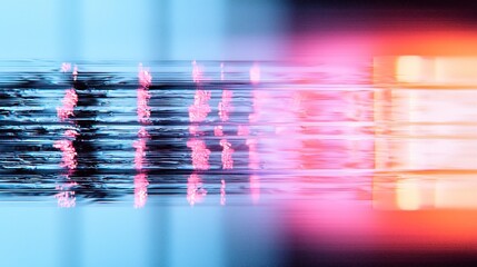 A surreal, blurred view of glitchy wall art, rough black strokes interwoven with muted pink, soft yellow, and striking blue hues