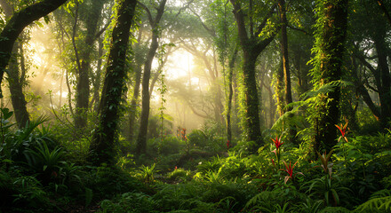 Obraz premium Sunlit Rainforest Path: Lush Green Canopy, Fog, and Tropical Plants