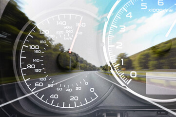 Car speedometer. High speed on a car speedometer and motion blur.