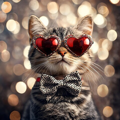 Fototapeta premium cute cat wearing heart shaped sunglasses and bow tie, exuding charm and playfulness