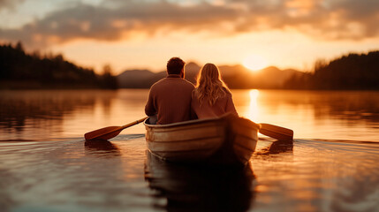 Romantic couple in a rowboat on a serene lake at sunset, enjoying nature and peaceful golden hour ambiance.