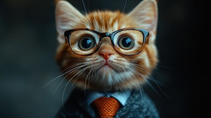 Adorable kitten wearing glasses and a tie on a gray background
