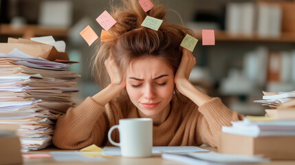 Stressed woman overwhelmed with paperwork, head in hands, surrounded by documents and sticky notes, office setting.