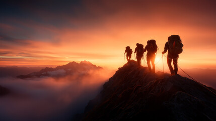 Team of climbers on a mountain ridge at sunrise, embracing adventure, teamwork, and breathtaking views above the clouds.