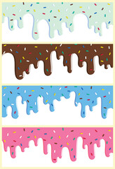 set of dripping delicious pink, blue and chocolate doughnut vector seamless glaze. Sweet dessert background illustration	