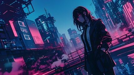 Obraz premium A neon-themed anime wallpaper featuring a woman wearing suit, set in a futuristic atmosphere.