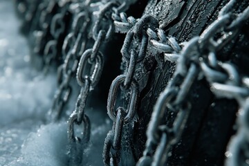  Frozen chains on tire amid ice shards symbolize resilience and harsh winter conditions.