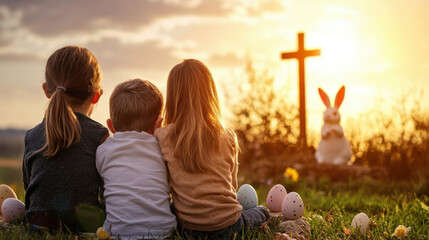 Children watch a sunset with Easter eggs and a bunny near a cross, symbolizing Easter joy and reflection.