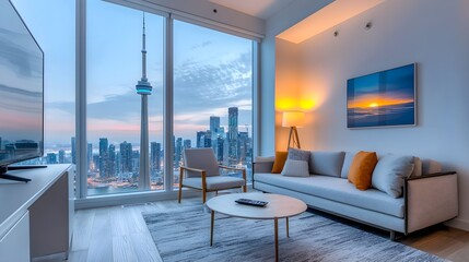 Fototapeta premium Open-concept condo living space, stylish furniture, panoramic city view