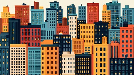 A vibrant illustration of a bustling cityscape, filled with colorful buildings and lively street scenes.